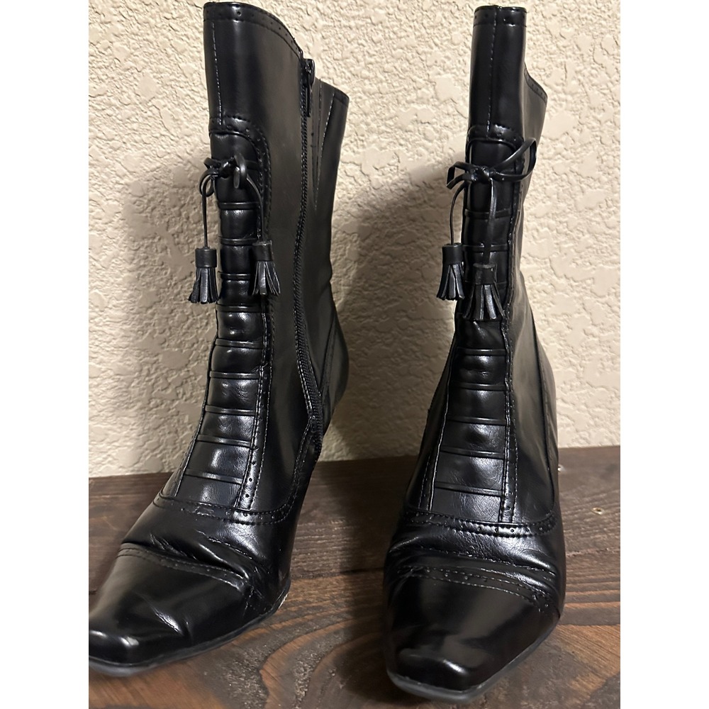 Liz Claiborne Lorraine Black Faux Leather Tassel Kitten Heel Mid-Calf Boots 7.5M - Picture 4 of 14